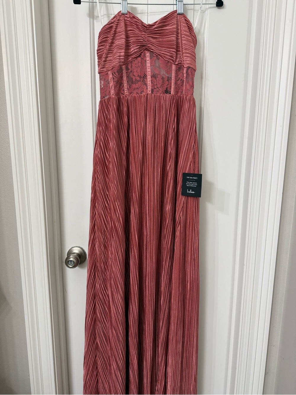 Desme Rose Pink Satin Plisse Strapless Maxi Dress